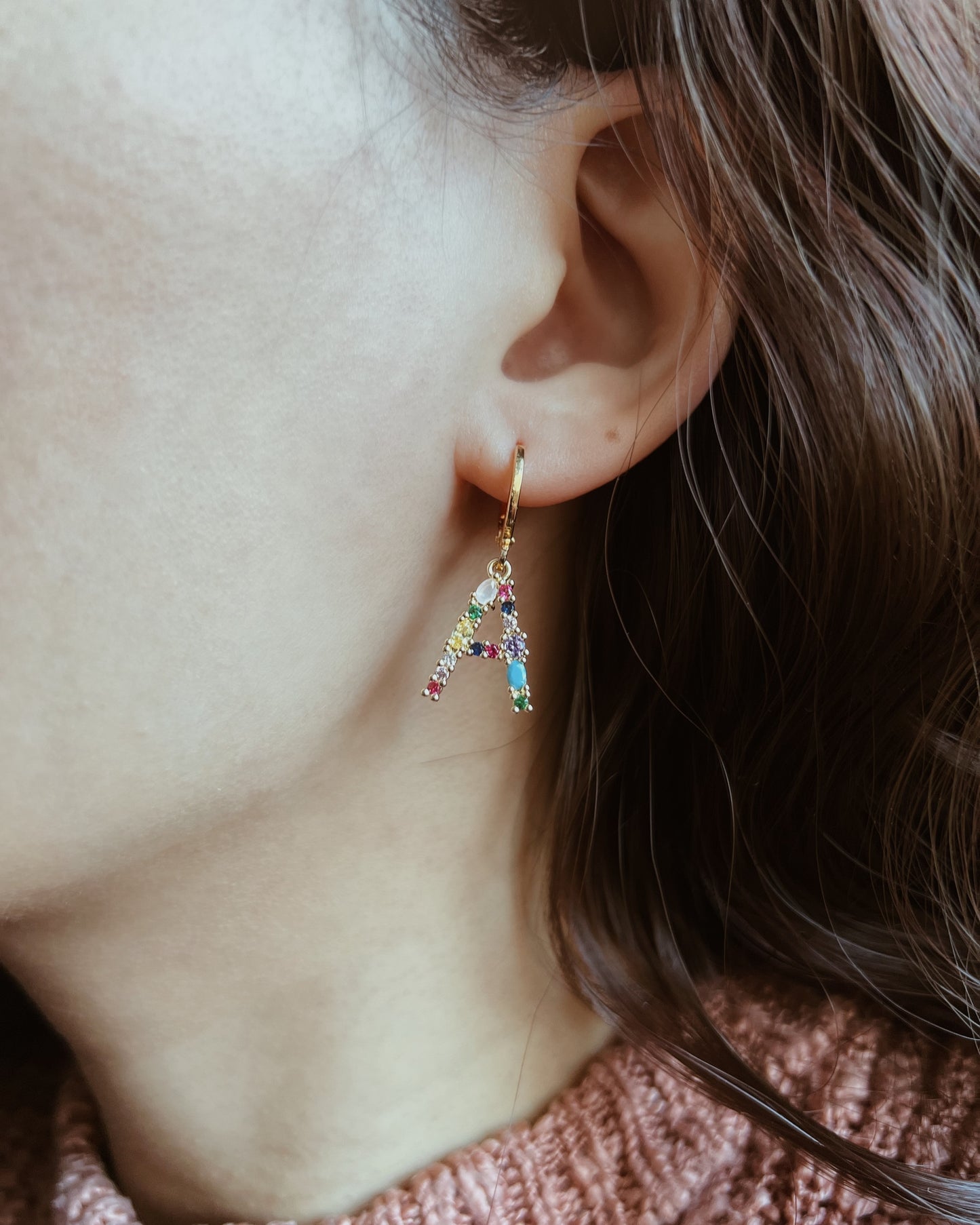Rainbow Zirconia Initial Huggie Earrings