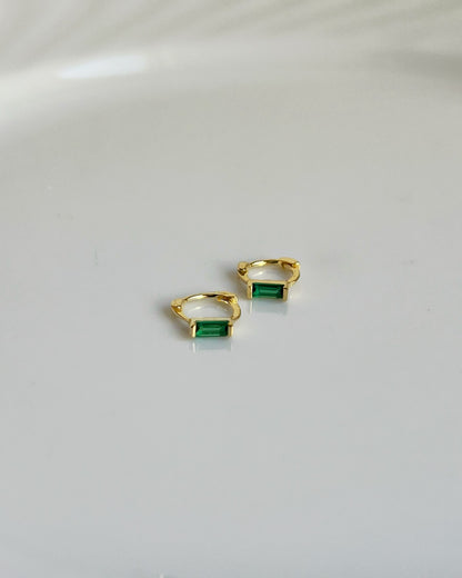 Emerald Green CZ Baguette Huggie Earrings