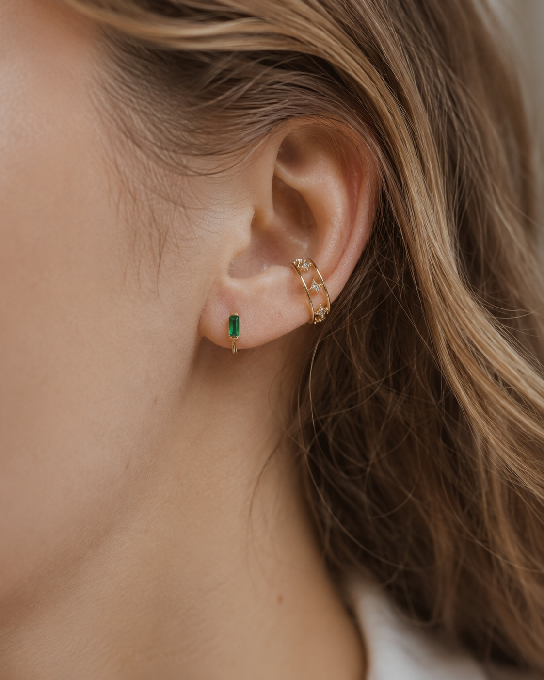 Emerald Green CZ Baguette Huggie Earrings