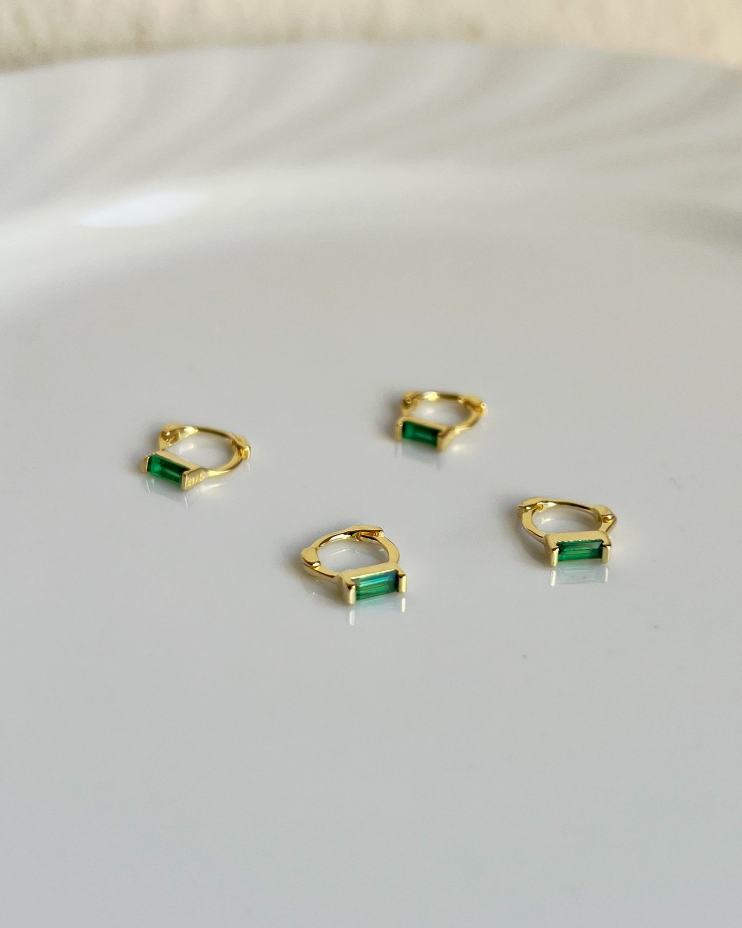Emerald Green CZ Baguette Huggie Earrings