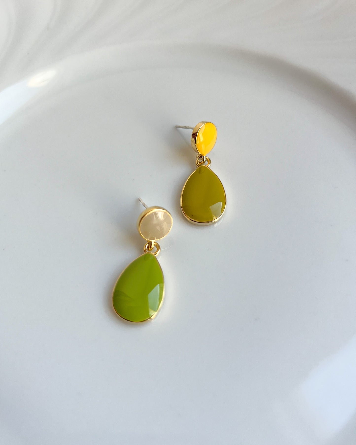 Asymmetric Green Enamel Teardrop Earrings