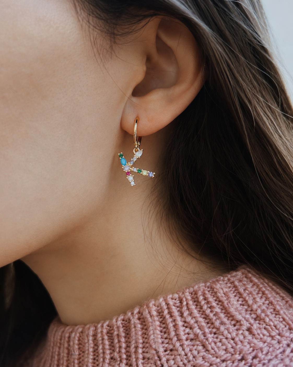 Rainbow Zirconia Initial Huggie Earrings