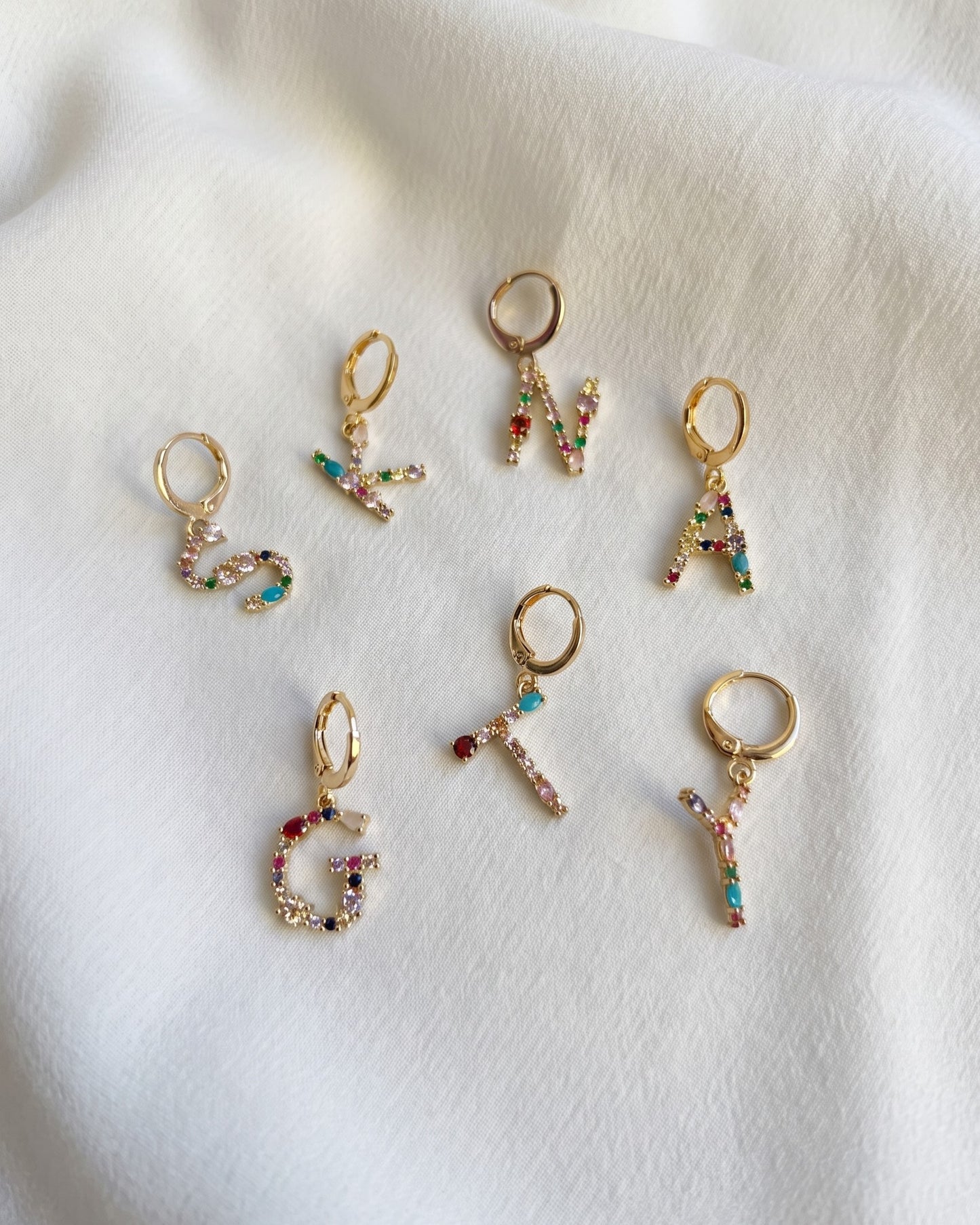 Rainbow Zirconia Initial Huggie Earrings