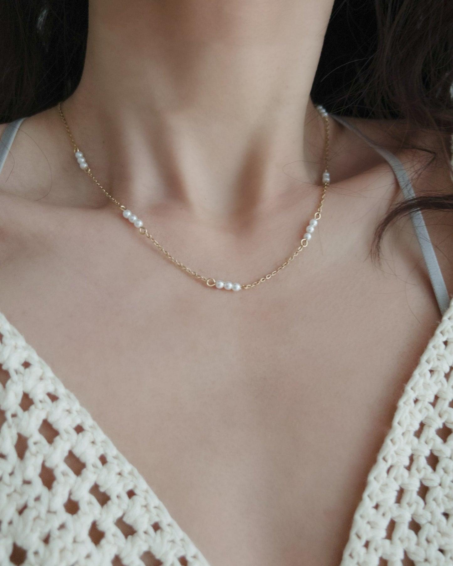 Tiny Pearl Station Necklace Waterproof