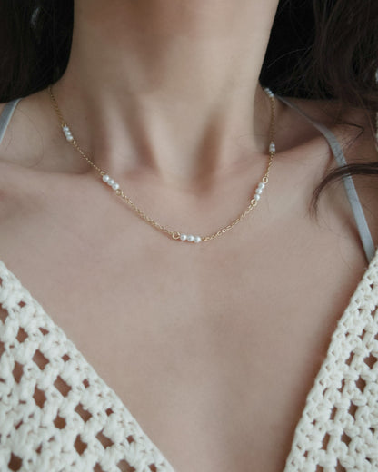 Tiny Pearl Station Necklace Waterproof