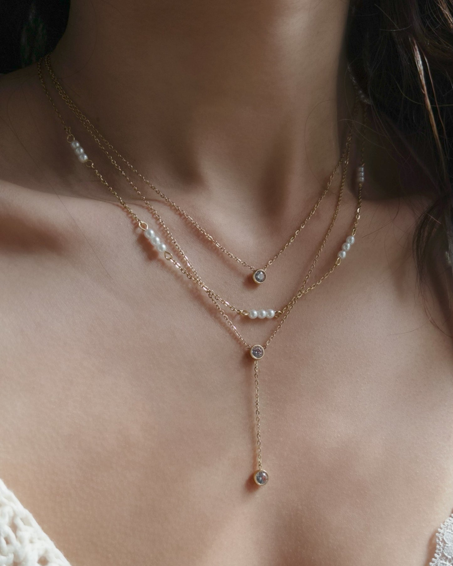 Tiny Pearl Station Necklace Waterproof