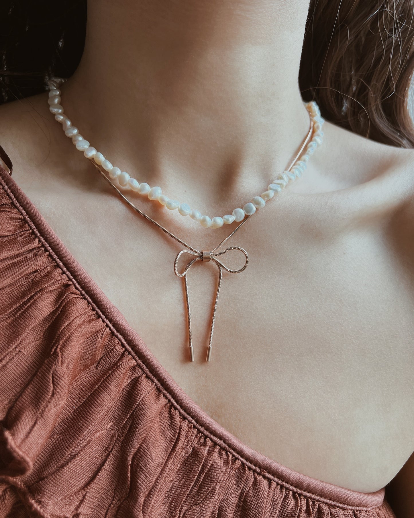 Rose Gold Rope Ribbon Bow Necklace Waterproof