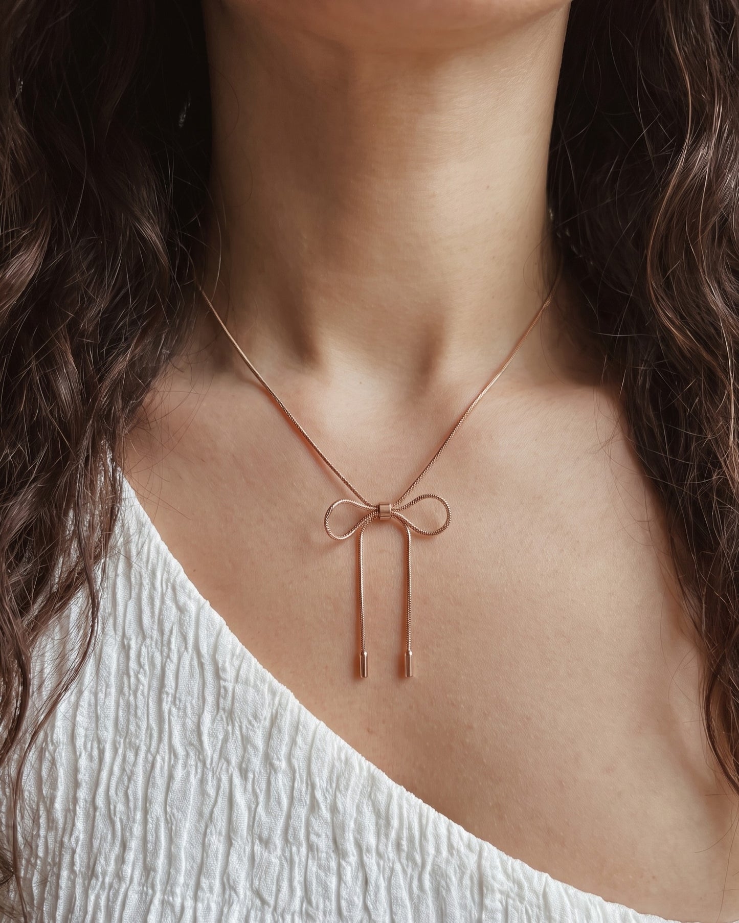 Rose Gold Rope Ribbon Bow Necklace Waterproof