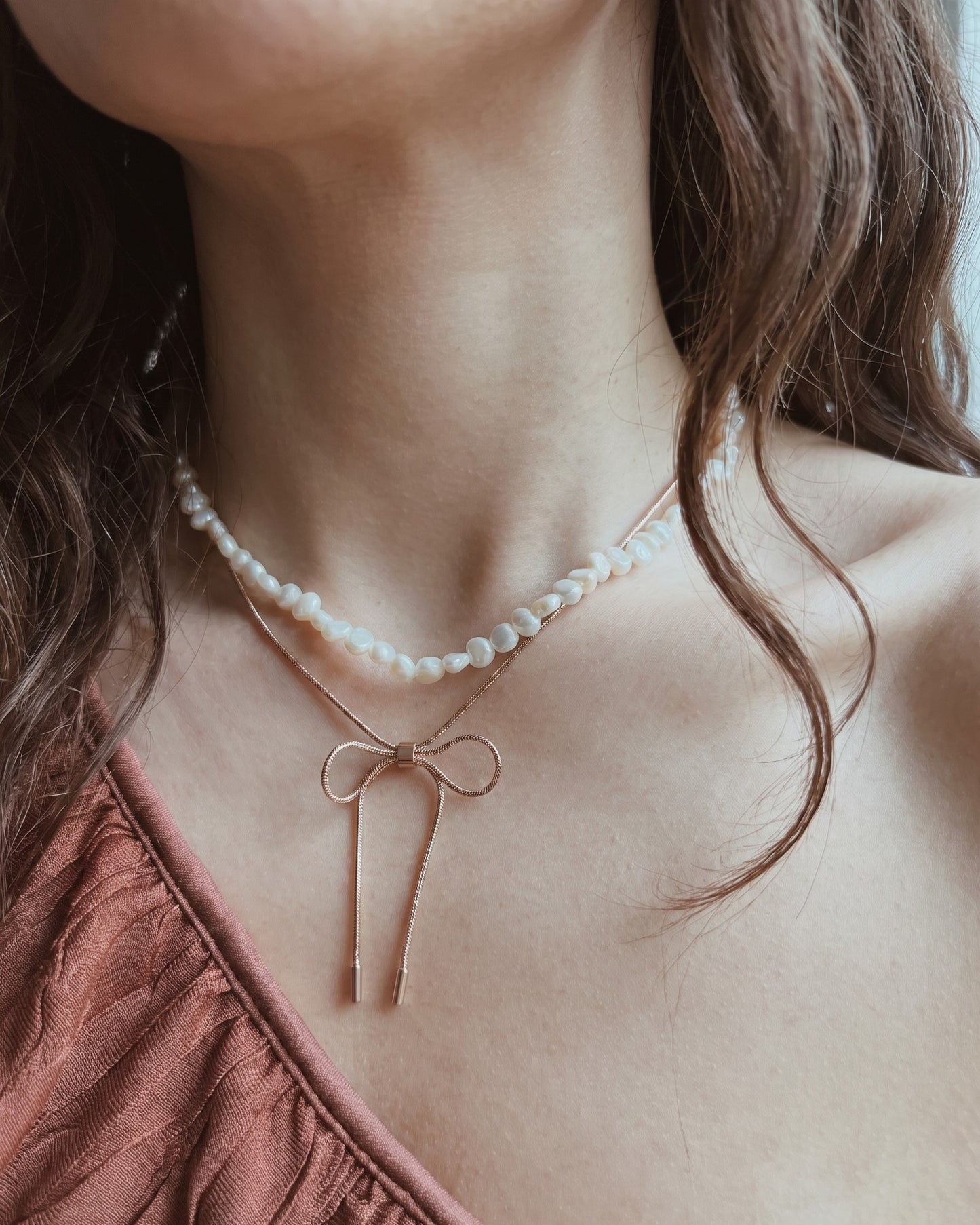 Rose Gold Rope Ribbon Bow Necklace Waterproof