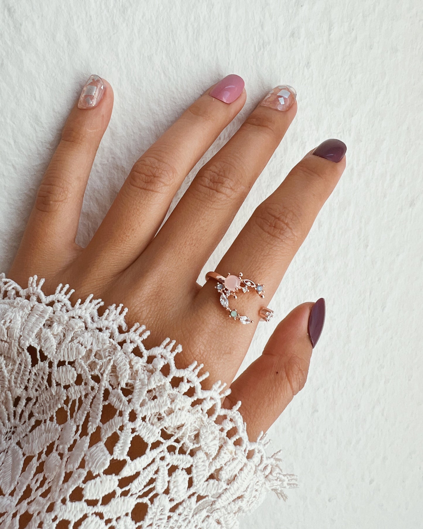 Adjustable Rose Crescent Moon Ring