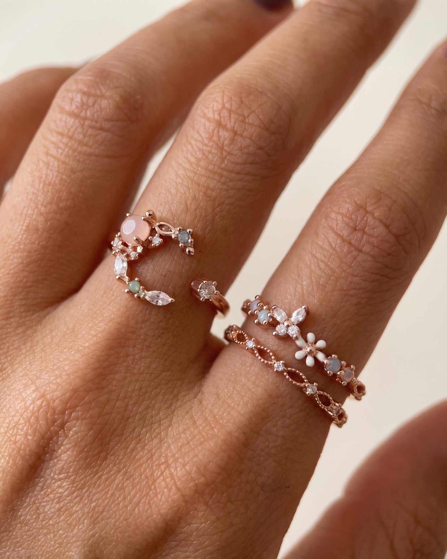 Adjustable Rose Crescent Moon Ring
